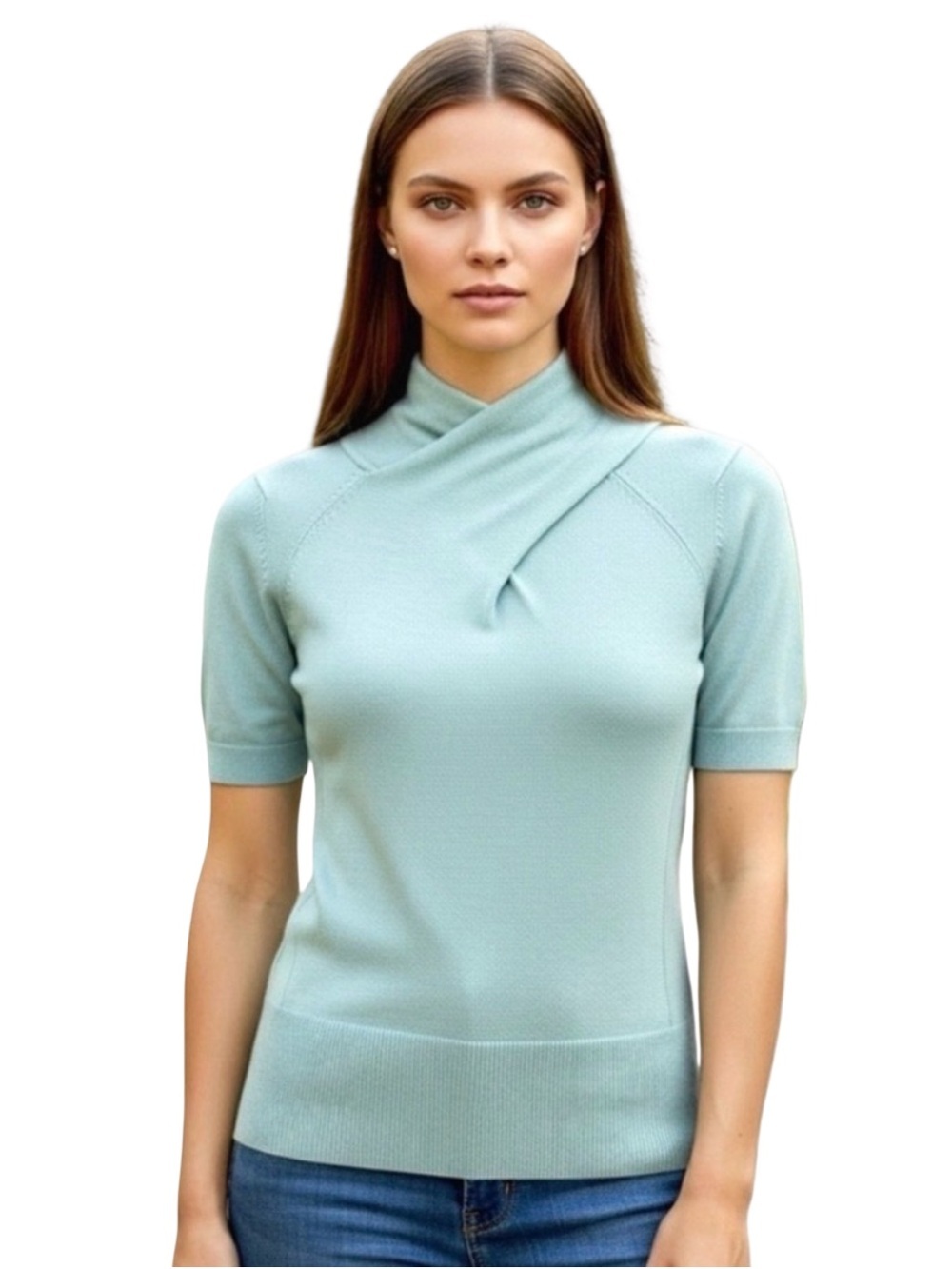 Zenobia Merino Wool Cowl Neck Sweater. Ocean-Green. Small